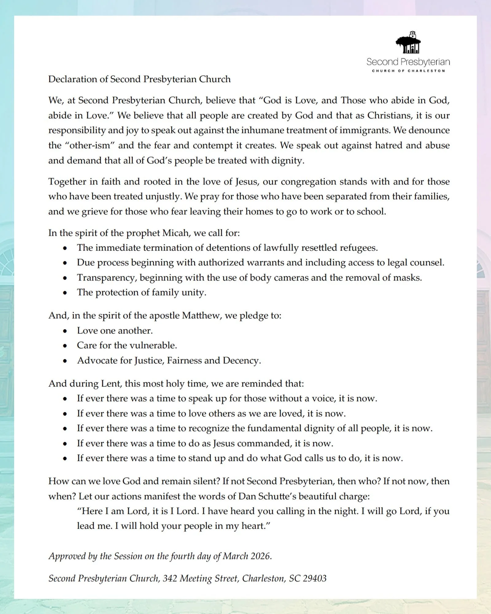Dear Friends in Jesus,

The Session charged a group of Elders last month to draft a Declaration of Faith from Second Presbyterian Church of Charleston and its Suburbs decrying the abhorrent treatment of immigrants in our nation and fulfilling our res