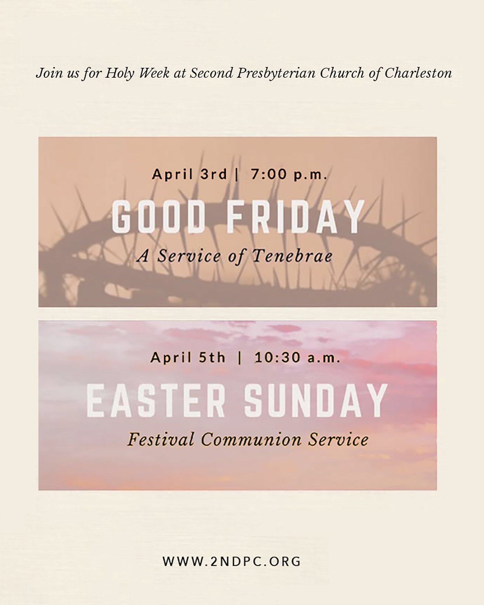Please join us at Second Presbyterian Church for Holy Week services and events: 

MAUNDY THURSDAY - Community Communion Service at 7:00 p.m. where we&rsquo;ll come together with area churches and choirs

GOOD FRIDAY - meditative Service of Tenebrae a