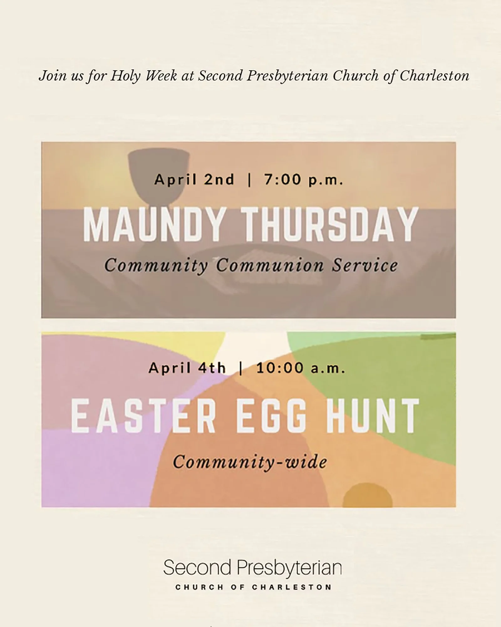Please join us at Second Presbyterian Church for Holy Week services and events: 

MAUNDY THURSDAY - Community Communion Service at 7:00 p.m. where we&rsquo;ll come together with area churches and choirs

GOOD FRIDAY - meditative Service of Tenebrae a