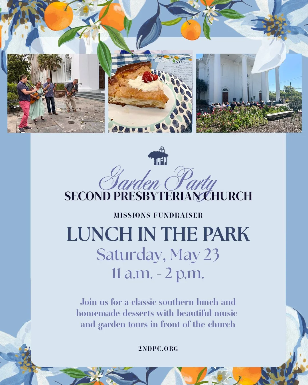 Second Presbyterian Church will host a &ldquo;Garden Party&rdquo; with a cafe-style lunch in the park offered as a Missions fundraiser the first Saturday of the Spoleto Festival.

Come for a fun event in Wragg Square Park in front of the church with 