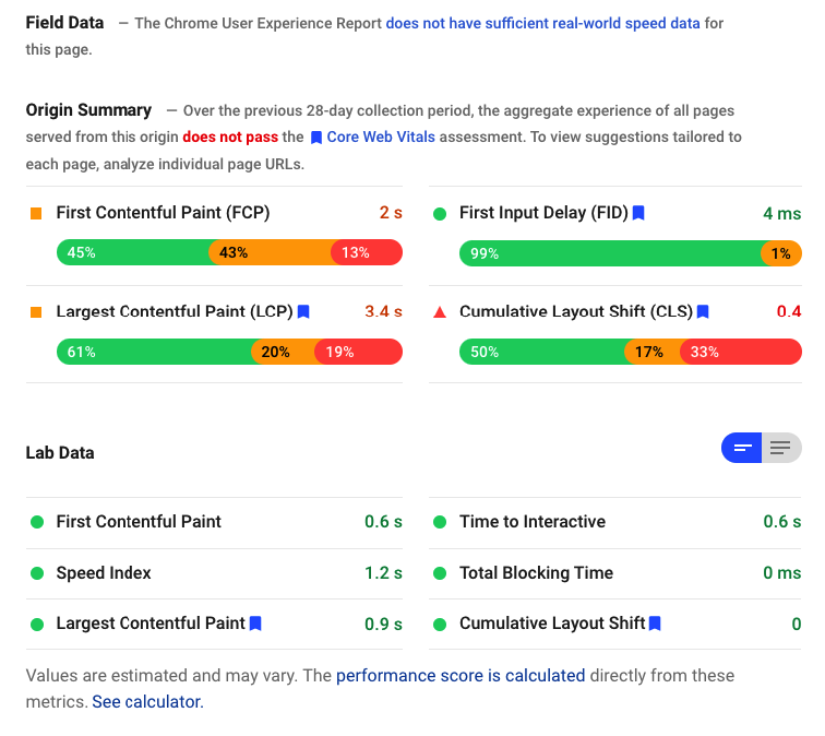 google page speed insights example