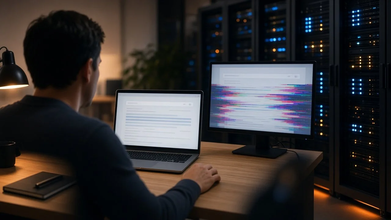 Person viewing accurate Google search results on a laptop while a server room monitor shows distorted results served to bots