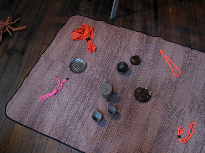 Installation view, screen printed rug, ceramic, knitted nylon, ladder. Dell Stewart. 2010