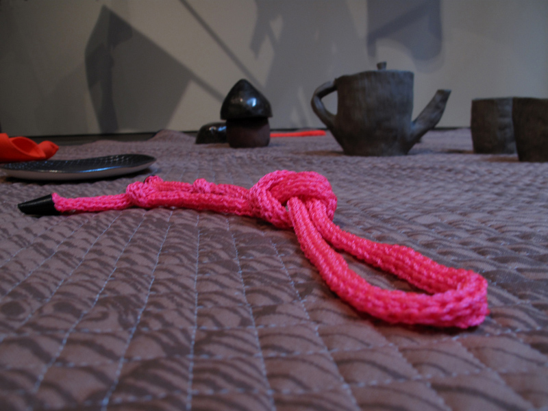 Installation view, screen printed rug, ceramic, knitted nylon, leather. Dell Stewart. 2010