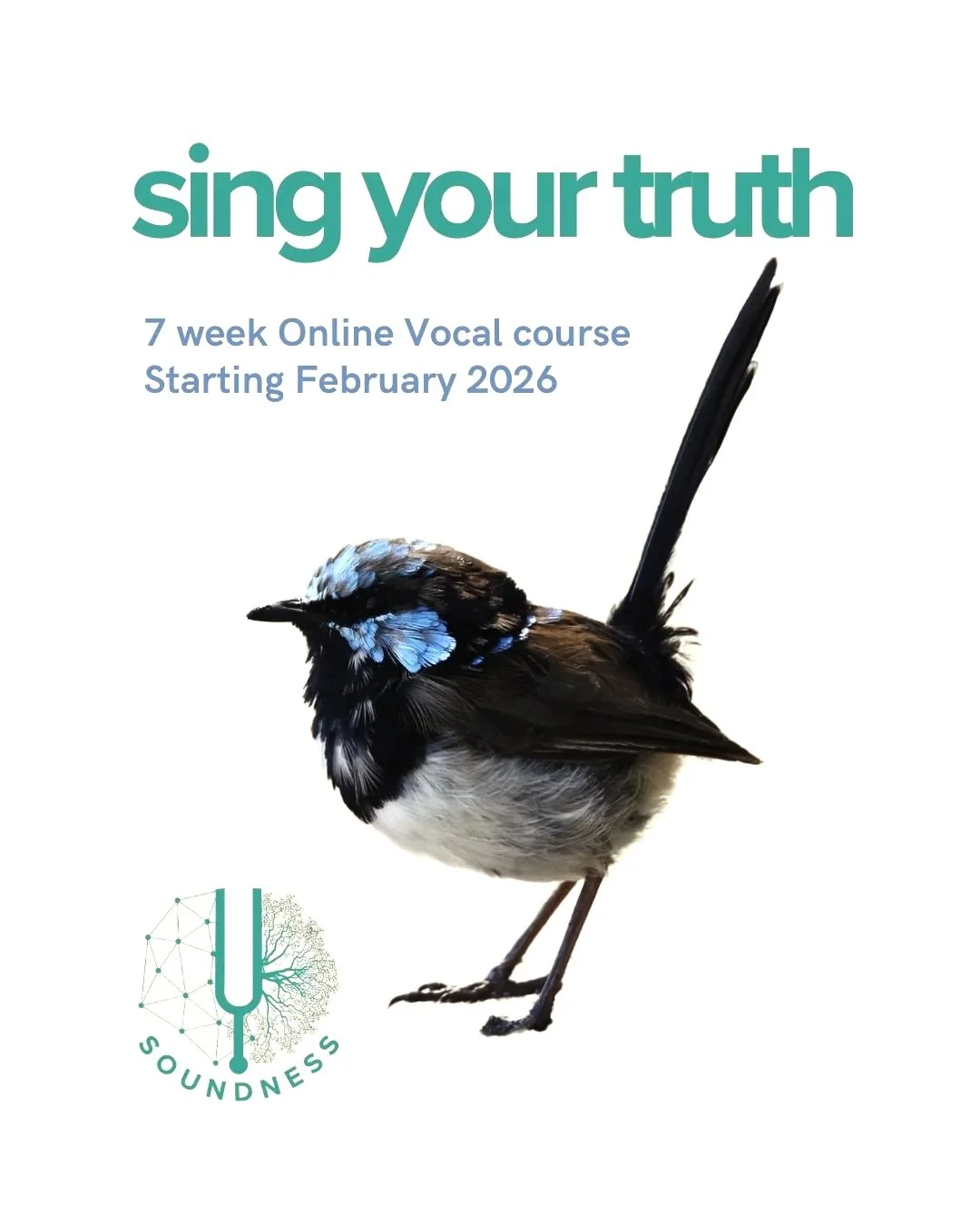 Poster advertising an online vocal course starting February 2026 with the title 'Sing Your Truth'. Hosted by Joana Ruival