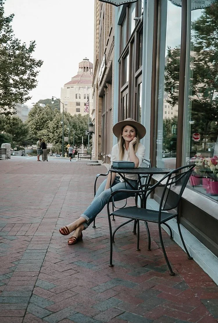 “My top and shoes are from Madewell , jeans from Levi’s , bag from Fossil and my hat is from Lack of Color .”