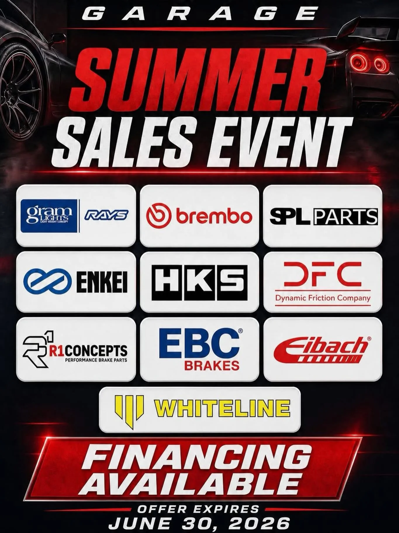 We are having our summer sales events. Feel free to message us for inquires. 

Brands promotion from May-June:
Gram Lights (Wheels)
Brembo OE (Rotors and Brake Pads)
SPL Parts (Camber Arms, Control Arms, Suspension Parts)
Enkei (Wheels)
HKS 
DFC (Rot