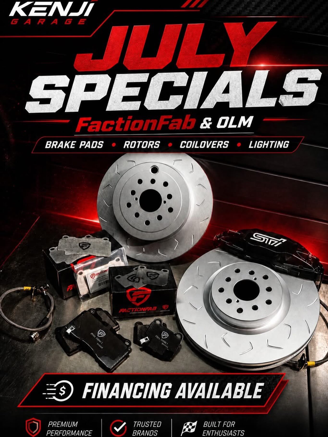 Kenji Garage brand of July month specials on FractionFab &amp; OLM

🏎 Aftermarket Performance Parts
💰Financing available
📧 info@kenjigarage.com
📲 714-417-2698
🌎 Ship World Wide
💻 www.kenjigarage.com

#olm #fractionfab #kenjigarage #coilovers #r