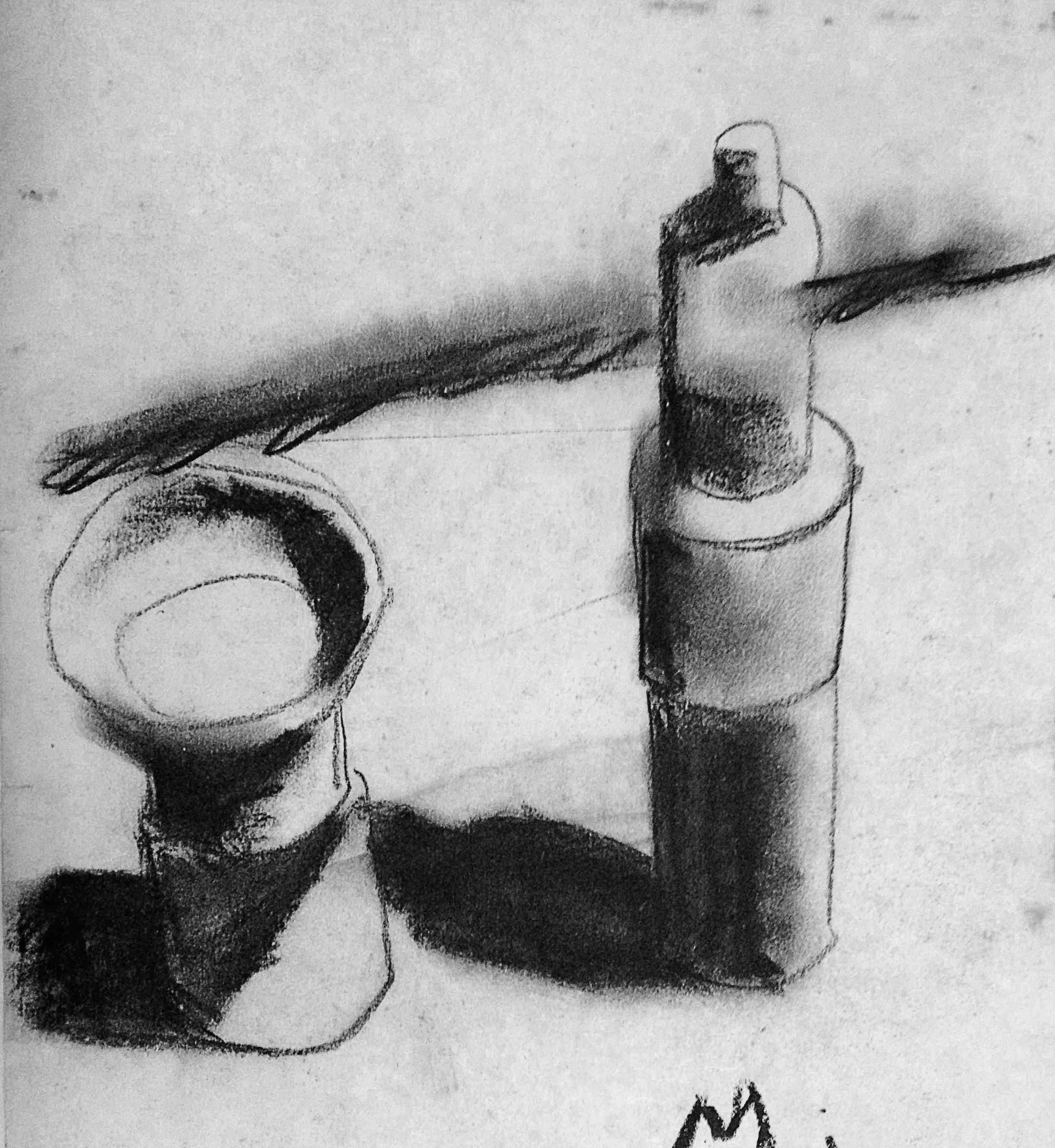 bottle bowl and cylinders charcoal on paper 30 x 33 cm 1971