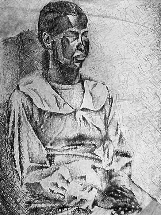 black girl seated model pencil on paper 50 x 70 cm 1972