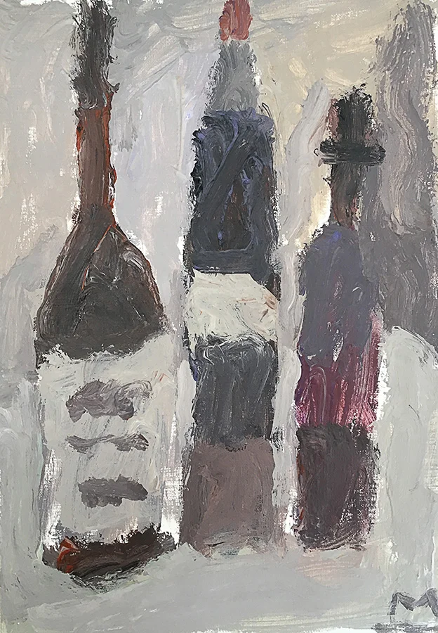 still life with three bottles acrylic on paper 20 x 35 cm 2019