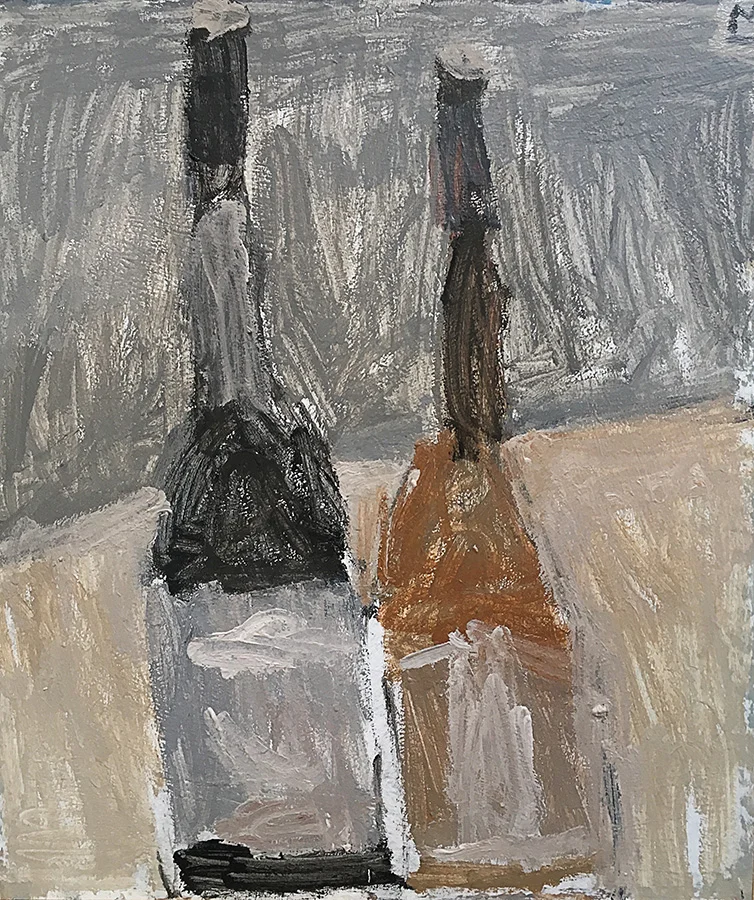 still life with two bottles acrylic on wood 60 x 70 cm 2019