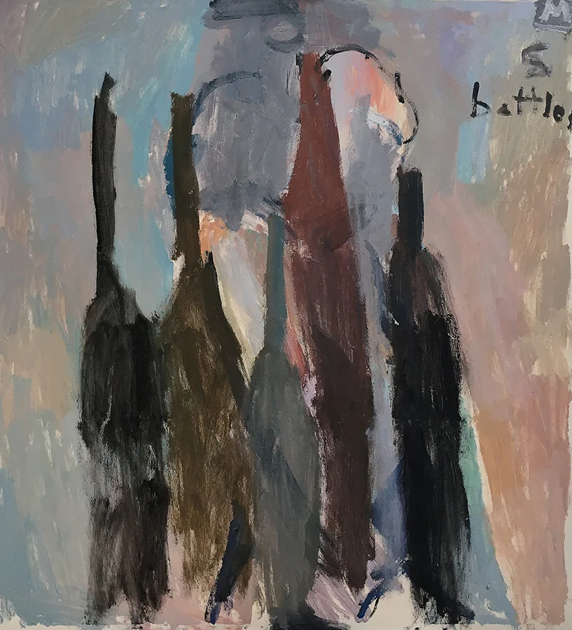 still life with five bottles in brown acrylic on canvas 100 x 110 cm 2019