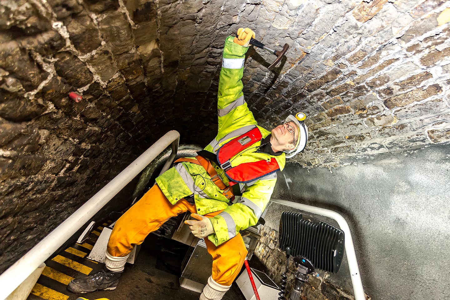 John carrying out an inspection of the roof lining in the Standedge Tunnel