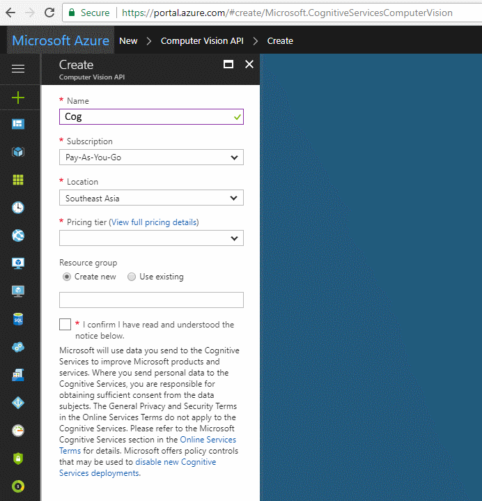 3. Give this service a name, set up the region and select Free pricing tier