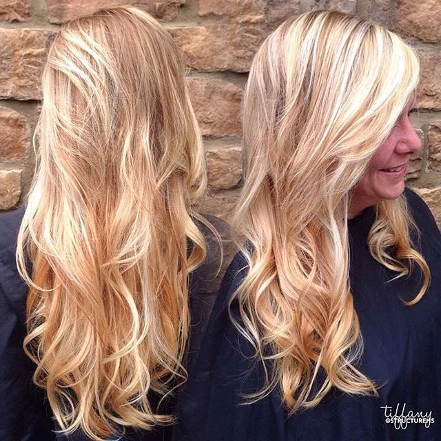 &bull; Repost from @massey07&bull; : Face-Framing Blonde Balayage : 
Now her hair radiates the same happy beautiful as the rest of this babe! Thank you @olaplex for making this possible for those of us with fragile hair! @wendi8970