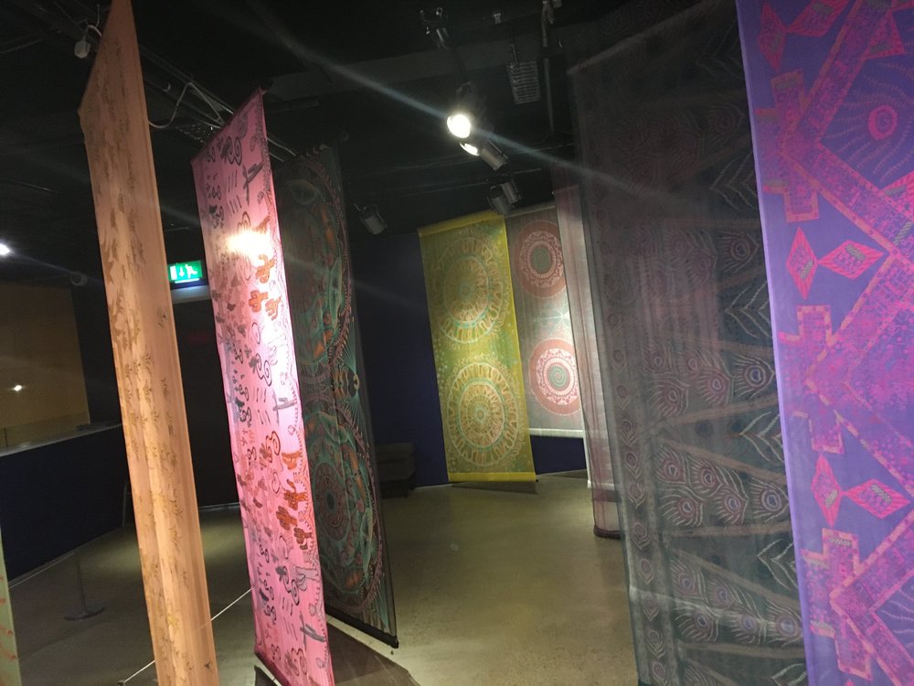  Silk-screened fabric panels showcasing Zandra Rhodes's extraordinary textile designs. Exhibition photos taken by Michelle Sucksmith in 2019. "50 Years of Fabulous | Zandra Rhodes. 