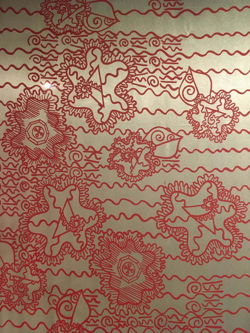  Silk-screened fabric panels showcasing Zandra Rhodes's extraordinary textile designs. Exhibition photos taken by Michelle Sucksmith in 2019. "50 Years of Fabulous | Zandra Rhodes. 