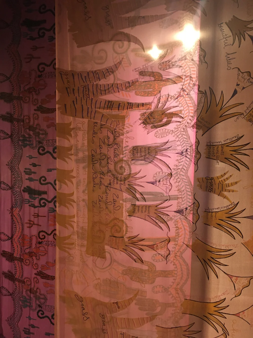  Silk-screened fabric panels showcasing Zandra Rhodes's extraordinary textile designs. Exhibition photos taken by Michelle Sucksmith in 2019. "50 Years of Fabulous | Zandra Rhodes. 