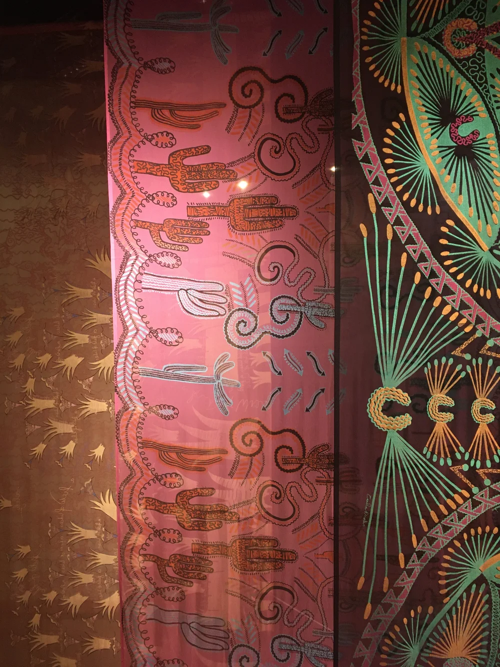  Silk-screened fabric panels showcasing Zandra Rhodes's extraordinary textile designs. Exhibition photos taken by Michelle Sucksmith in 2019. "50 Years of Fabulous | Zandra Rhodes. 