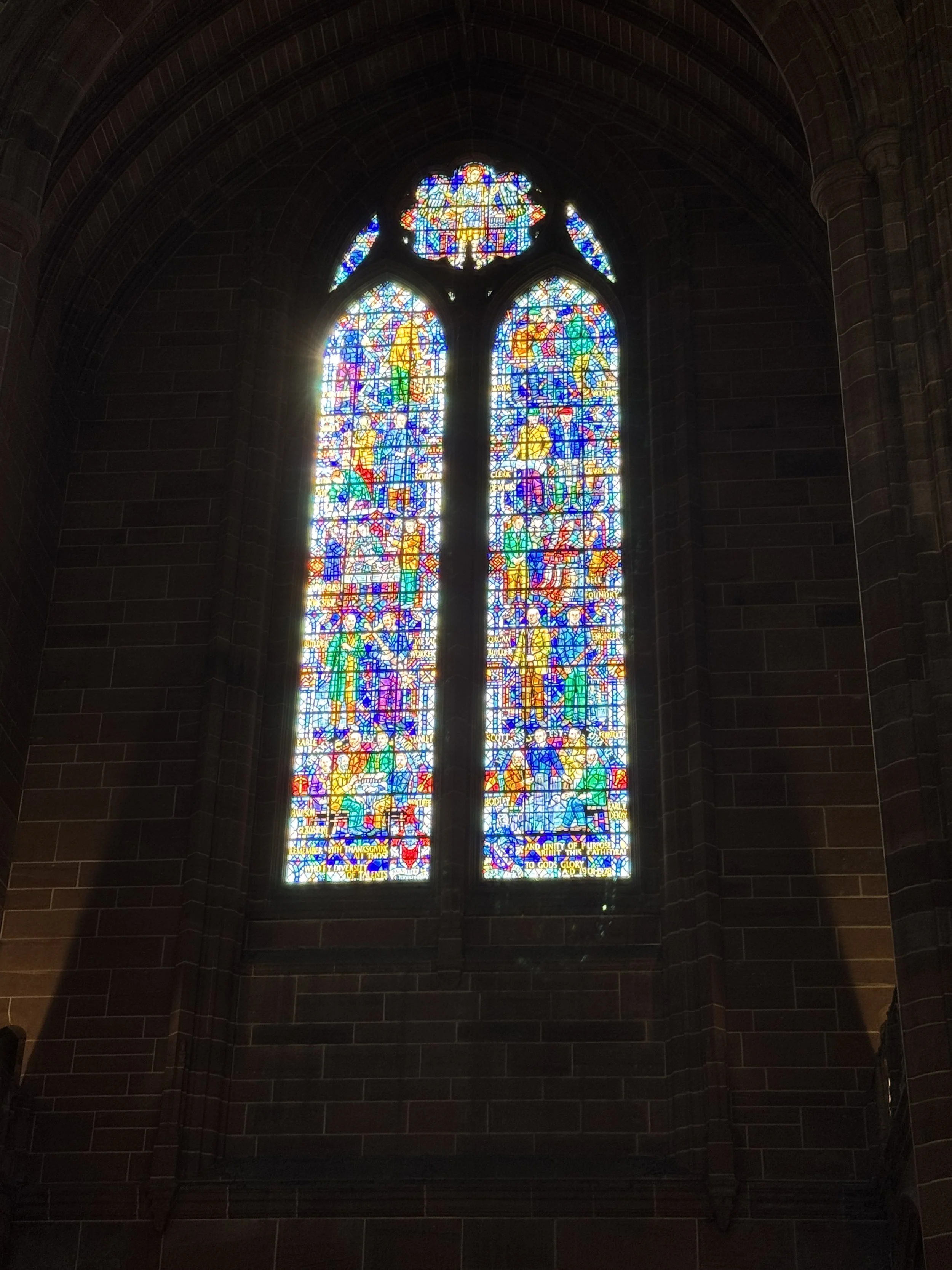 Stained glass window inside Liverpool Cathedral