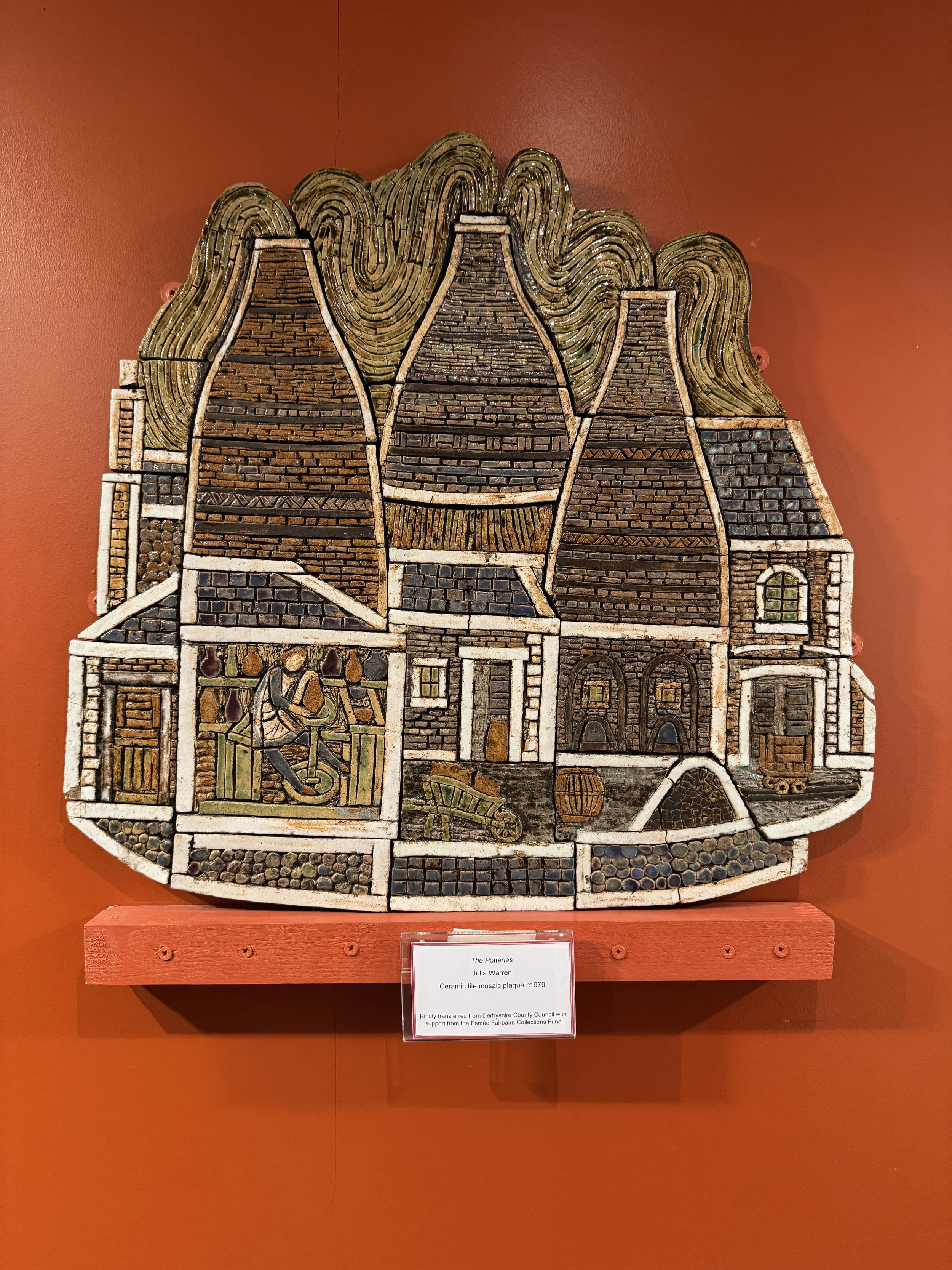 Ceramic tile panel showing bottle kilns and pottery buildings, Gladstone Pottery Museum