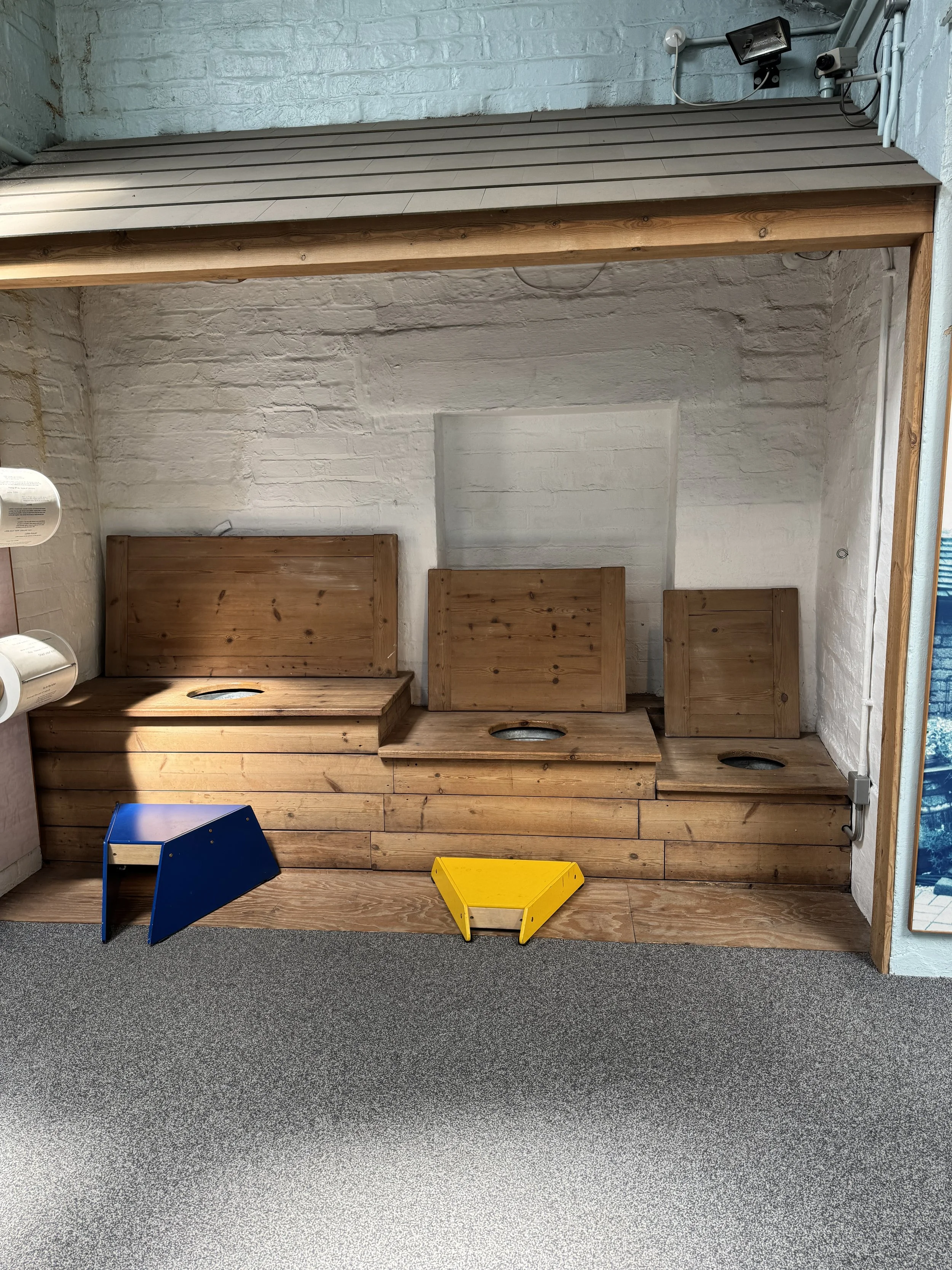 Wooden earth closet seats in the bathroom history exhibition, Gladstone Pottery Museum