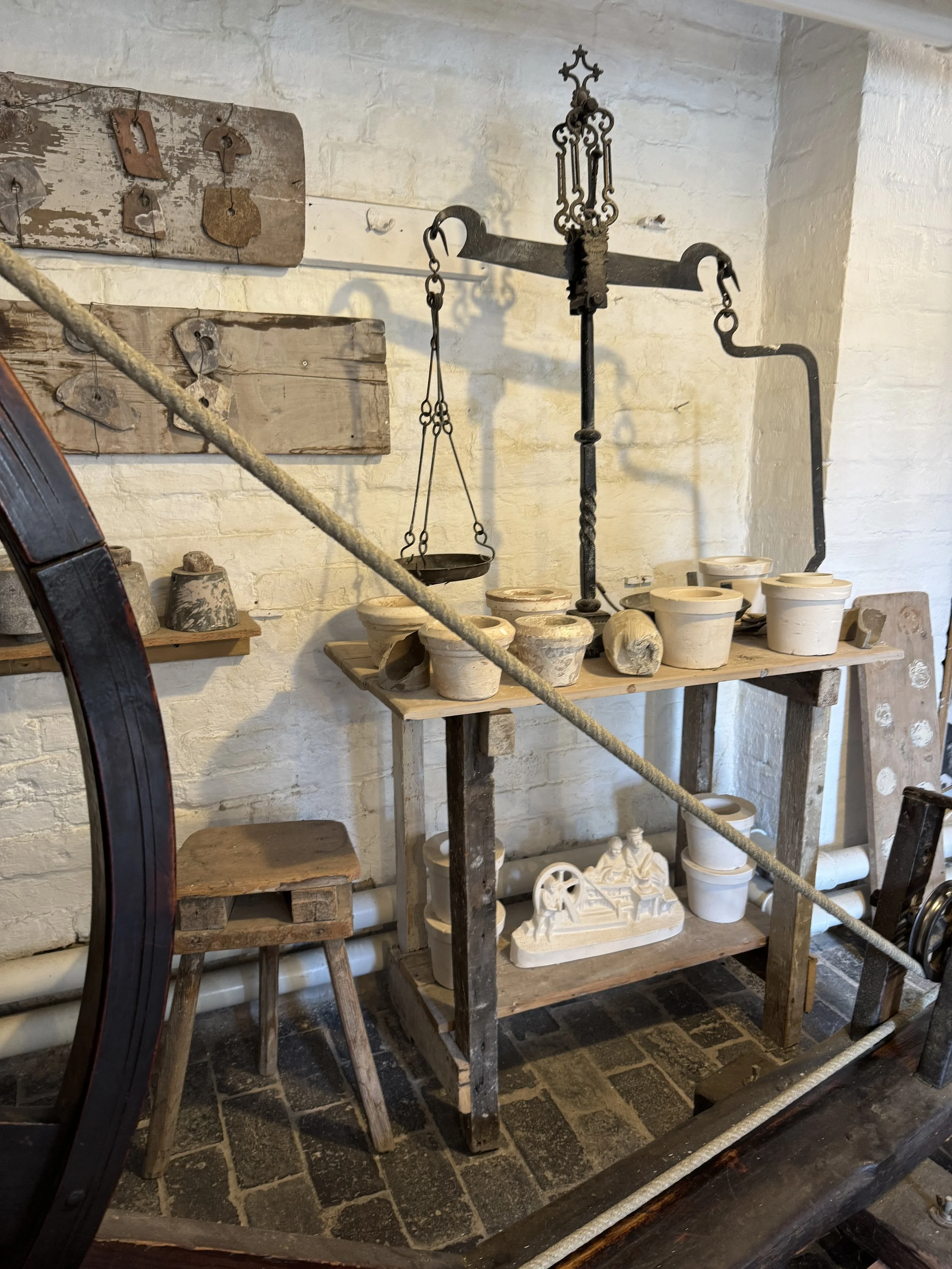 Weighing scales on a workbench in a potter's workshop, Gladstone Pottery Museum