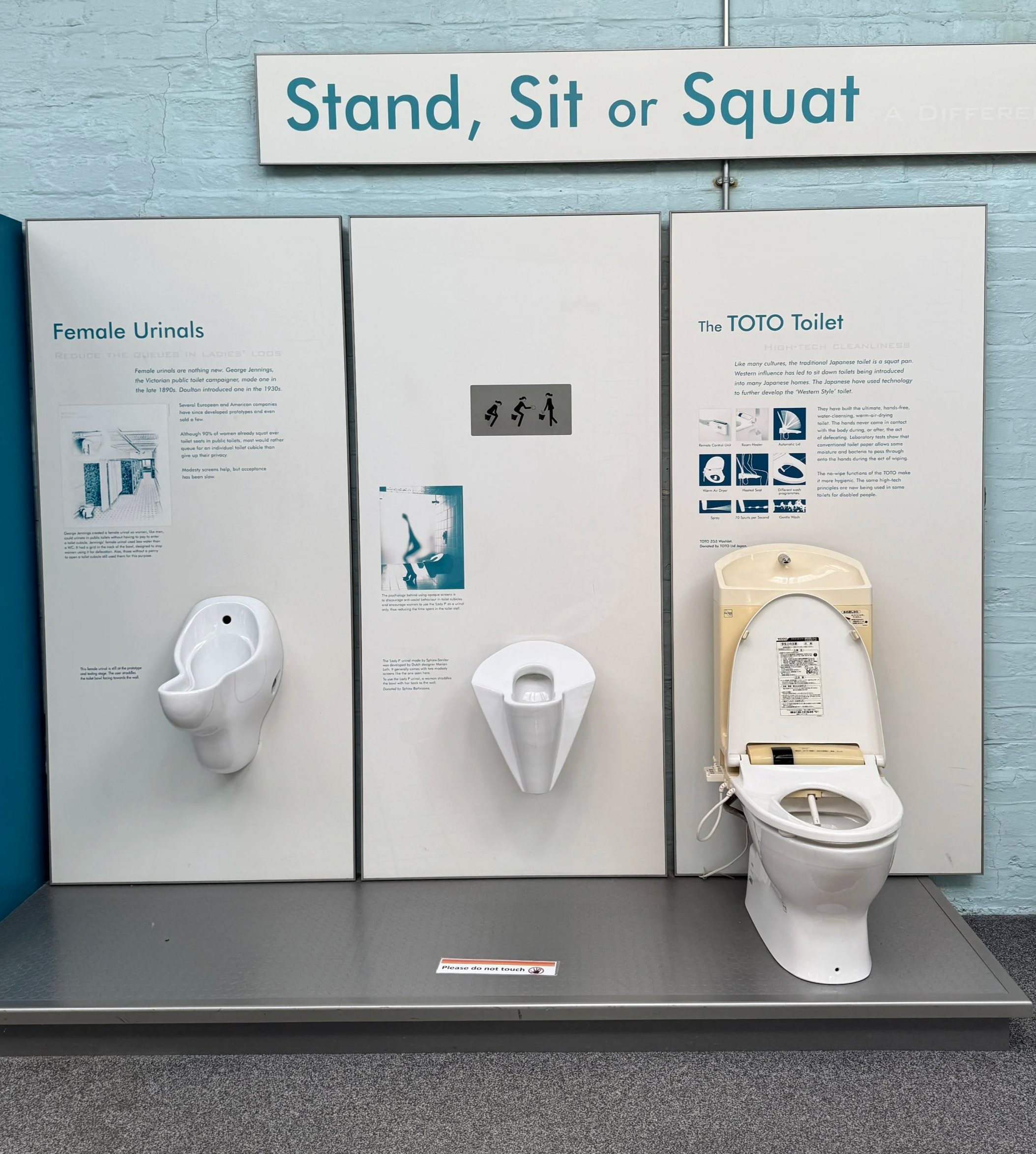 Stand, Sit or Squat display of urinals and a Japanese smart toilet, Gladstone Pottery Museum