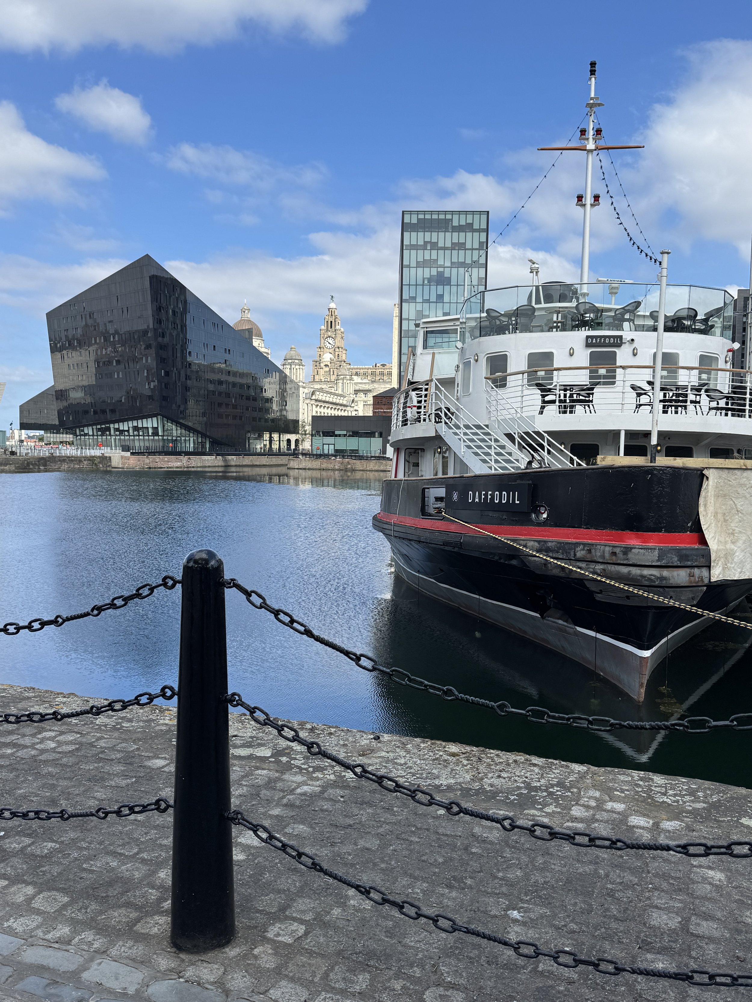 Boat moored beside Mann Island, Liverpool waterfront