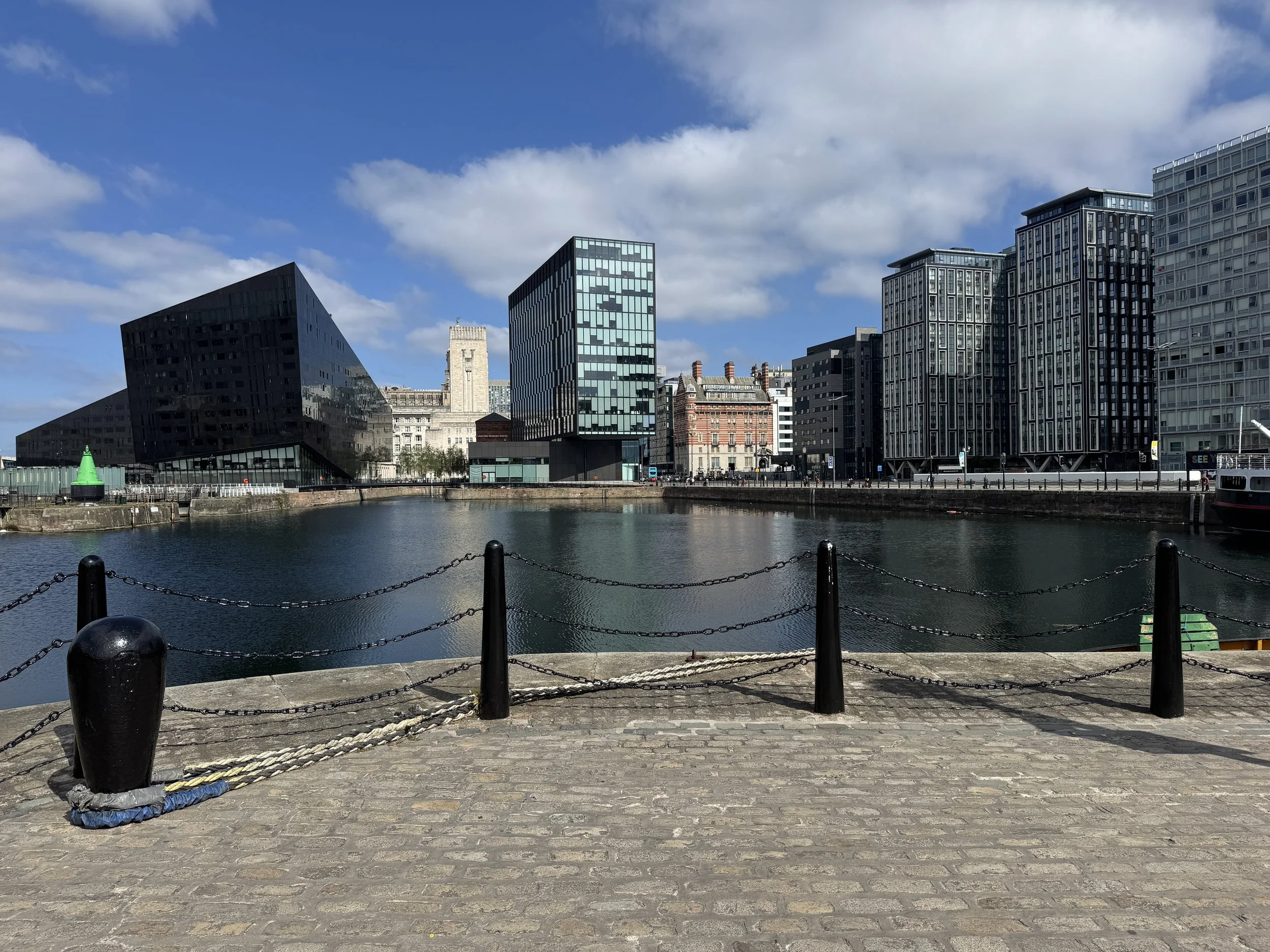 Mann Island buildings across the water at Liverpool waterfront