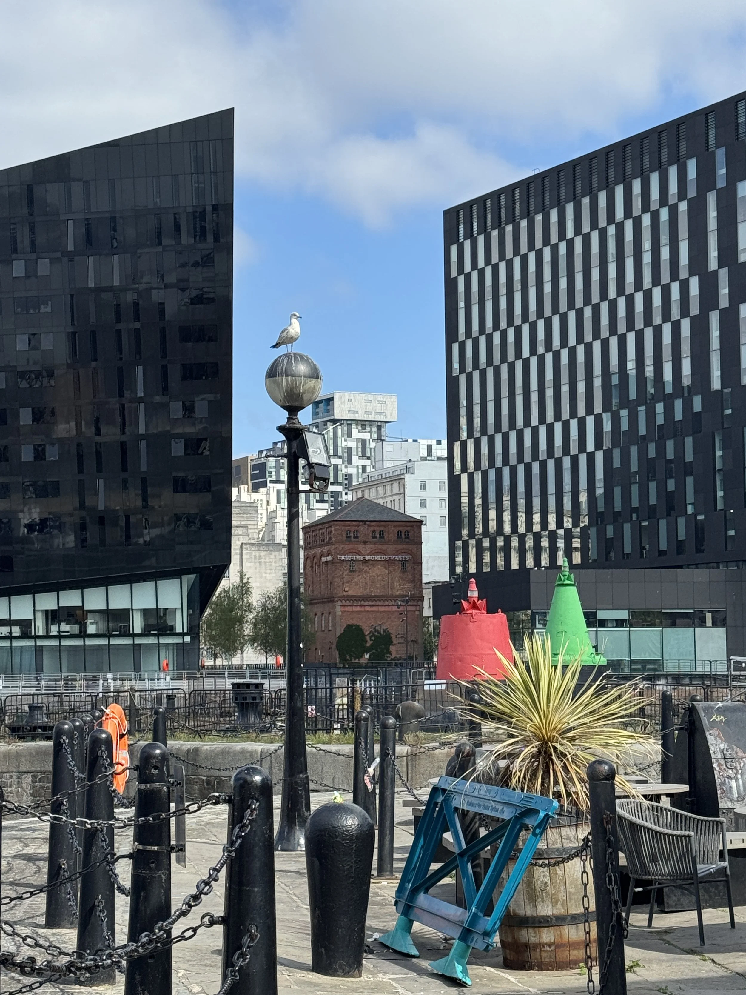 Mann Island buildings and colourful sculpture, Liverpool