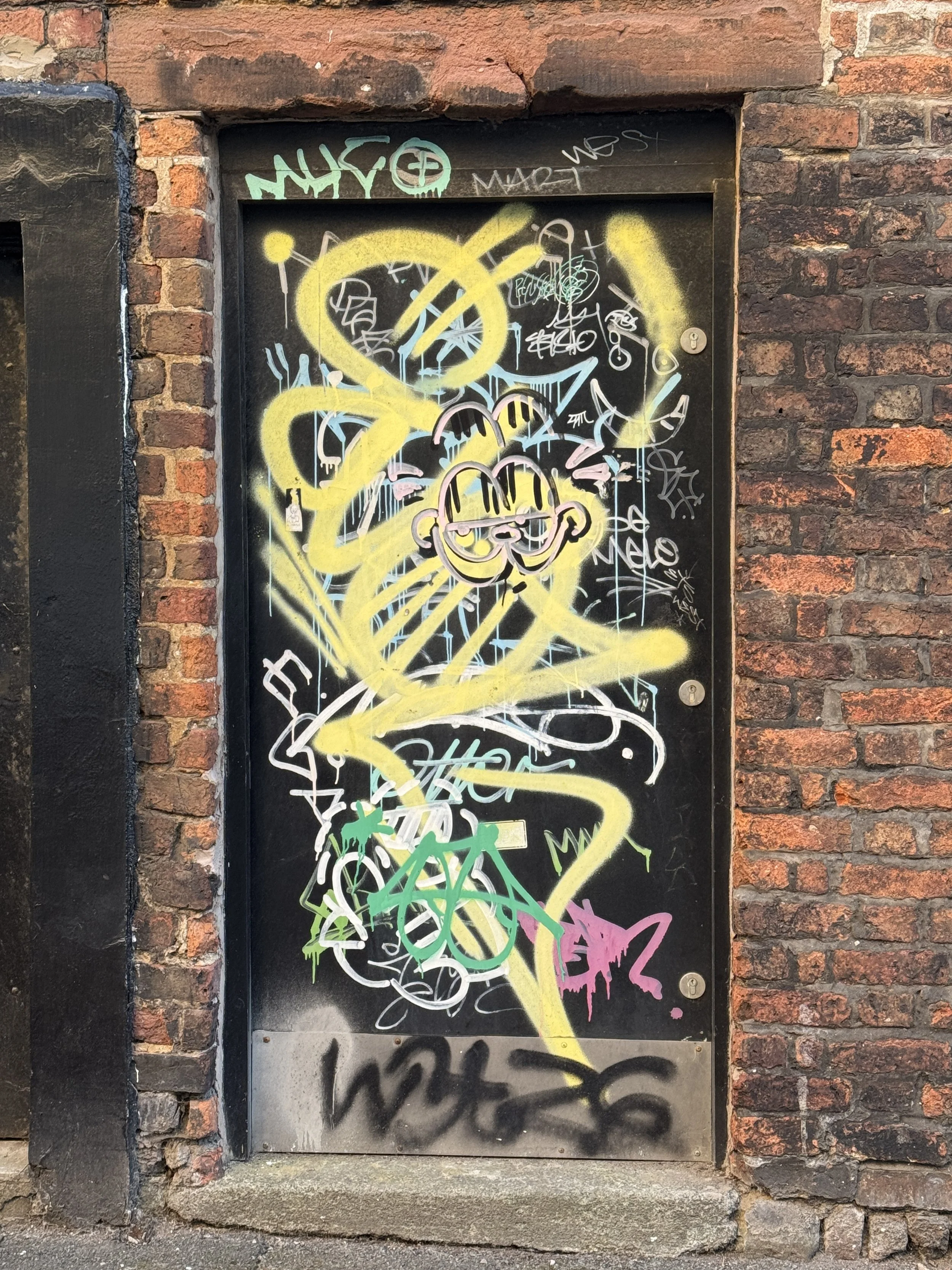 Graffiti-painted door in a brick wall, Liverpool