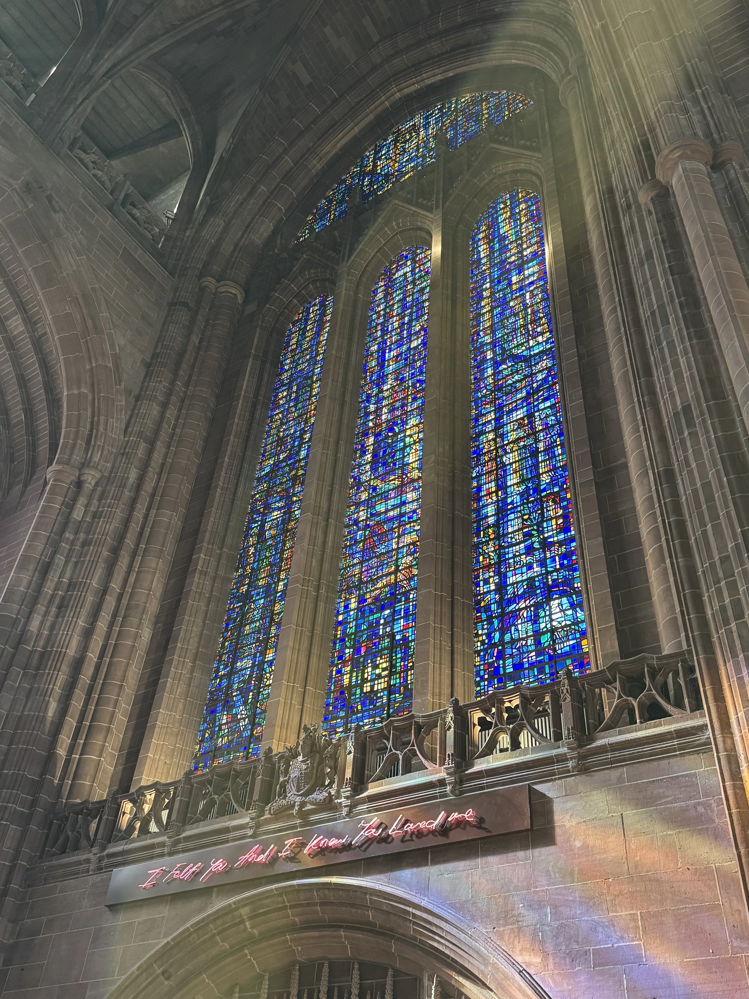 Stained glass windows inside Liverpool Cathedral