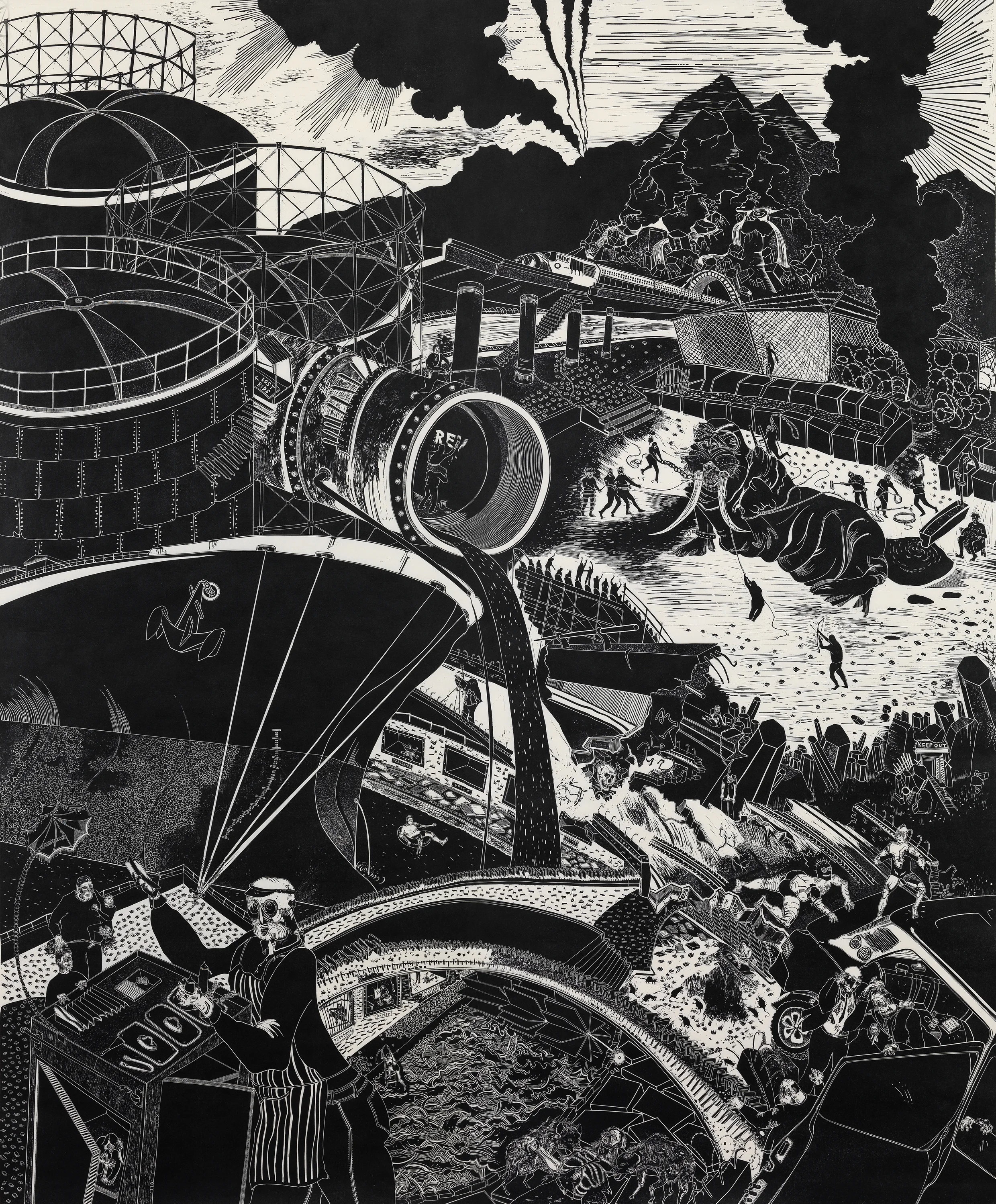 '15.35' Hand Printed Linocut on Japanese paper, H182cm x W152cm My environment is slipping further away from civility. Cramped layers of futile growth show people bathing, fishing and drinking in the sputum the factories pump out. They are oblivious to the origin of their play zone, tracking back we can see this is where the lost children are to be found. Oil like torrents push through water wheels, the gears are disappeared vandalized or stolen. This energy is wasted and no industry is made today or any other. The children are stuffed with junk food, taking on the characteristics of the hyenas, they gorge on the quick snacks, frightened children take refuge in the safety of the hot dog sellers vehicle. Real Hyenas eat the perishing bodies of the dead because the morgues are bursting. The pathetic elected come round to see for themselves, they are lucky to be protected by their own henchmen who are on the payroll. The wrestlers have other ideas and are more than happy to push them all over the precipice. Women share damp tunnels with the rats as they breast feed their young touting for work with CV's in marketing experience rather than sex. The streets are shop less the spaces they vacate are now housing the rapists, pedophiles fraud- sters and bankers. You can stroll the deserted high street and see for yourself what a pedophile really looks like. Each inmate receives the same goodies, a rope and a chair so they can do the honorable thing and free up the space. Any open area is left as no mans land where anything goes. You can take a hot bath and drink some beers or if the price is right you can tether and torture a walrus with your friends. They are cheered on by paying spectators. Heroes break through the fences they aim their arrows at the tormentors rather than the beast, some scrawl messages of defiance or instruction it reads REV...reverse.....revere.....revolt.....revolution. High speed trains deliver more people in on the hour from a volcanic distance which itself is in self destruction as smoke and laver spills from its seams. Helicopter gun ships circle firing rockets to secure the euthanasia.