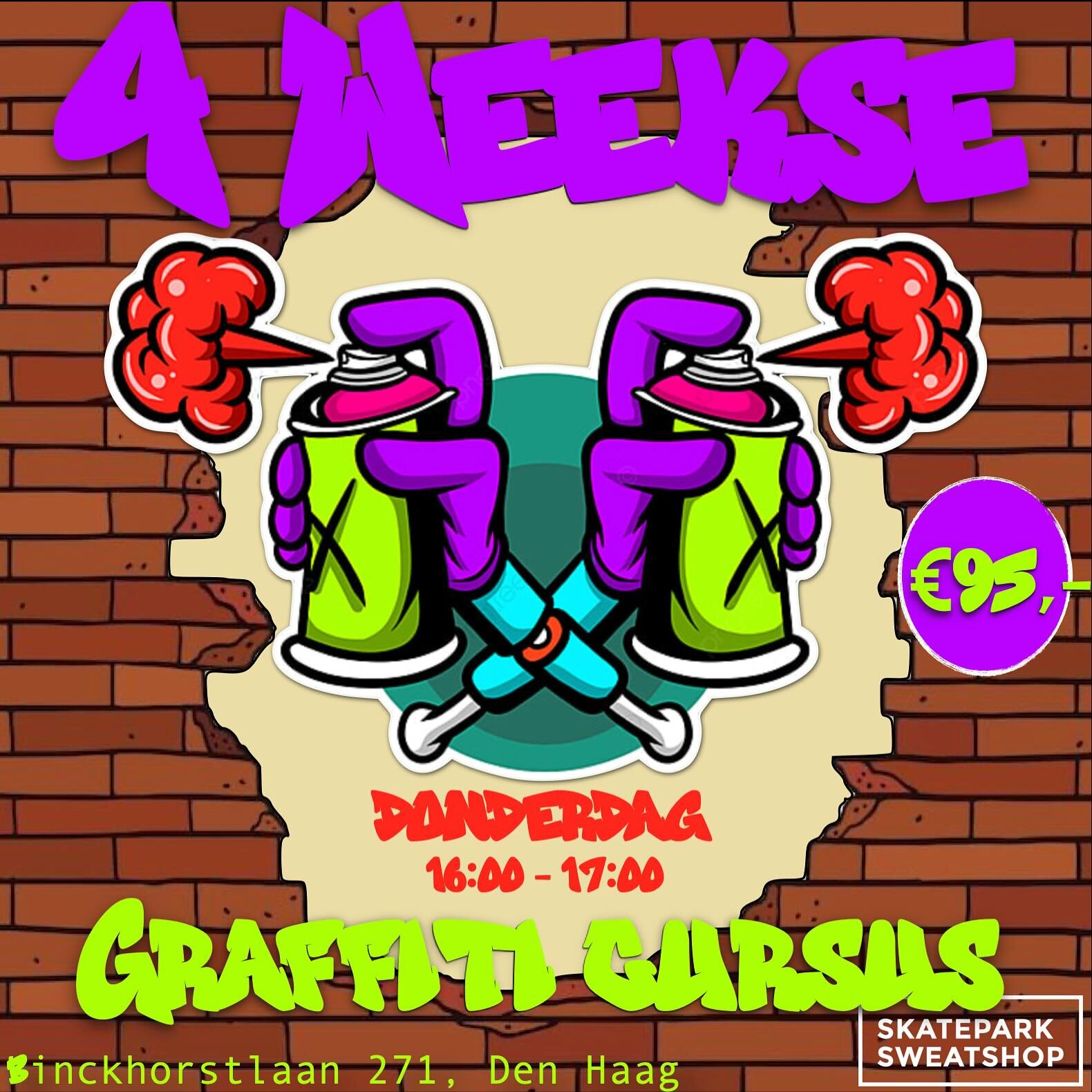 4 weekse graffiti cursus ‼️

Leer nu schetsen, 3D letters maken en omgaan met spuitbussen in 4 lessen. 

Elke donderdag vanaf 4 April 
🕔 16:00 -17:00
Minimaal 3 kunstwerken mee naar huis.

*Graag oude kleren aan waar wel een spatje verf op mag komen