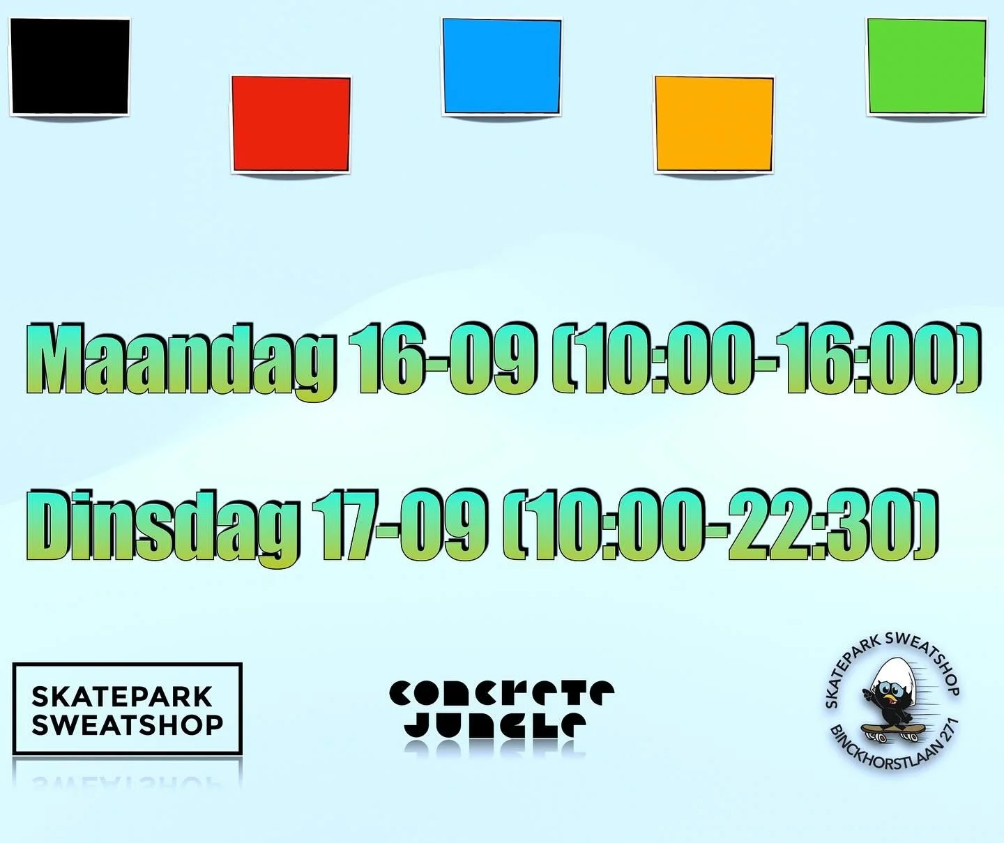 Maandag zijn we open van 10:00-16:00 en met prinsjesdag van 10:00-22:30. Kom lekker binnen skaten!!
