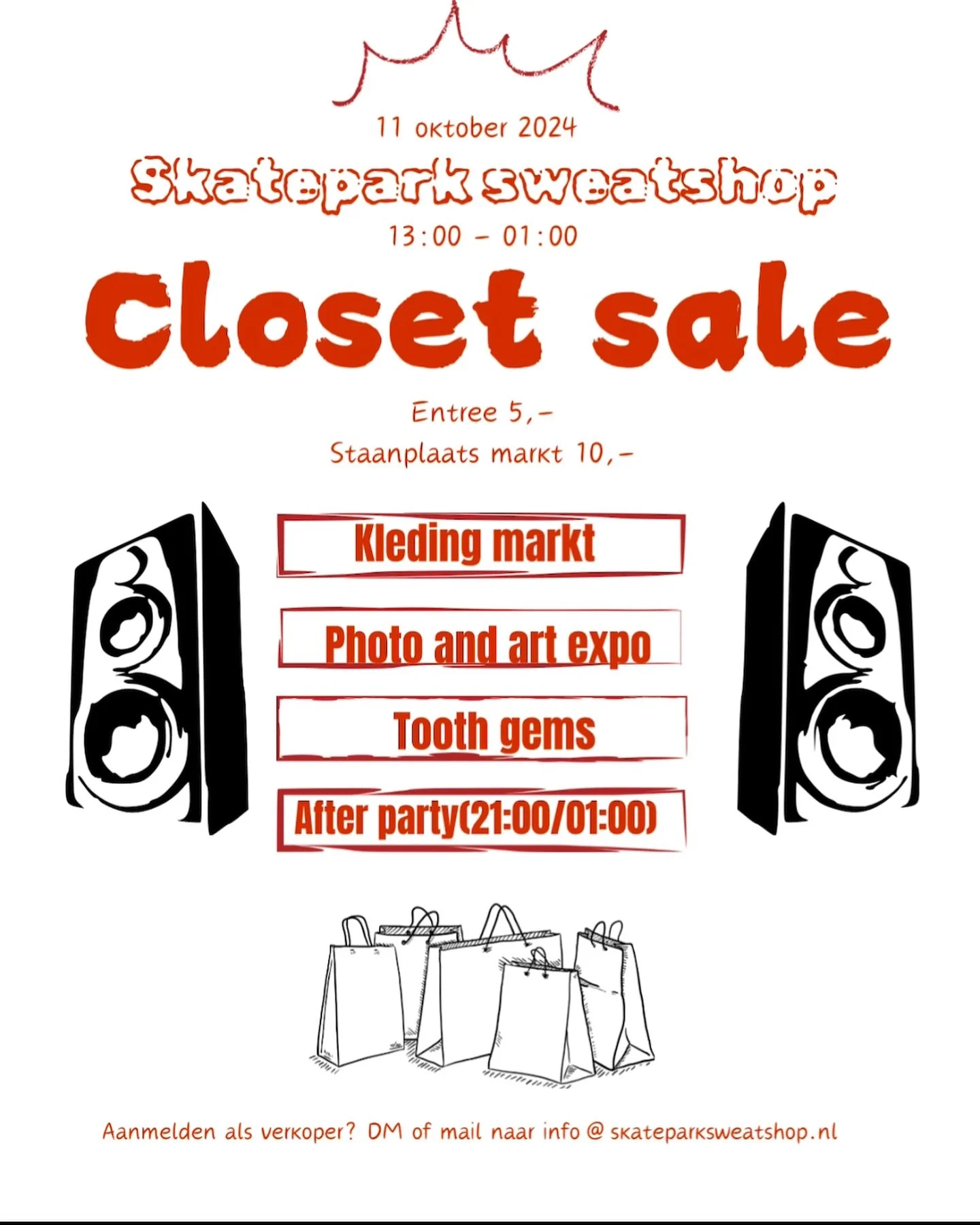 CLOSET SALE INCOMING!!
Skatepark Sweatshop organiseert 11 oktober een closet sale met heel veel extras! @glomtandkristallen komt tooth gems zetten, er is een foto en kunst expositie, koud bier, snacks en om de dag af te sluiten hebben we ook nog een 