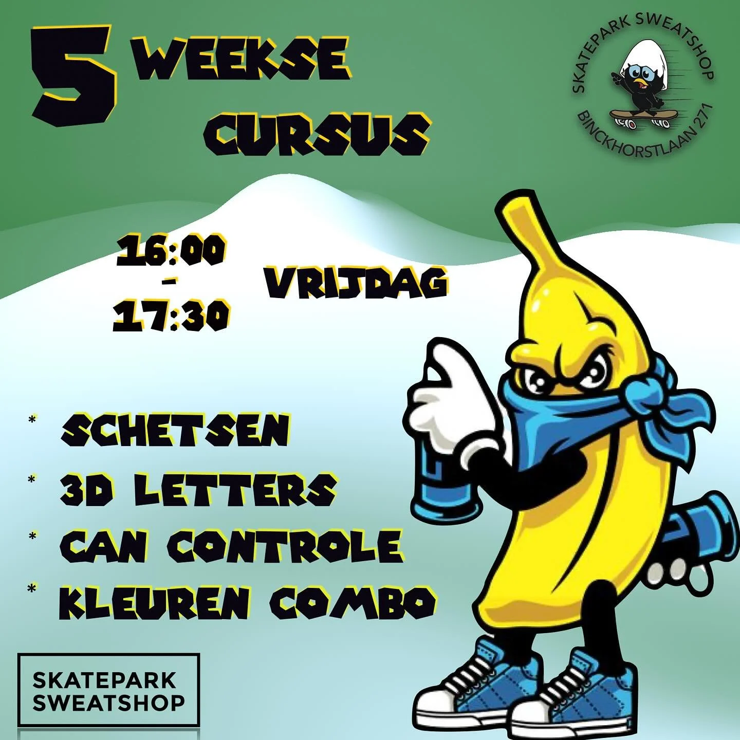 5 weekse Graffiti cursus ‼️

Leer nu schetsen, 3D letters maken en omgaan met spuitbussen in 5 lessen. 

Elke vrijdag vanaf 25 oktober t/m 22 november 
🕔 16:00 -17:30
Minimaal 3 kunstwerken mee naar huis.

*Graag oude kleren aan waar wel een spatje 