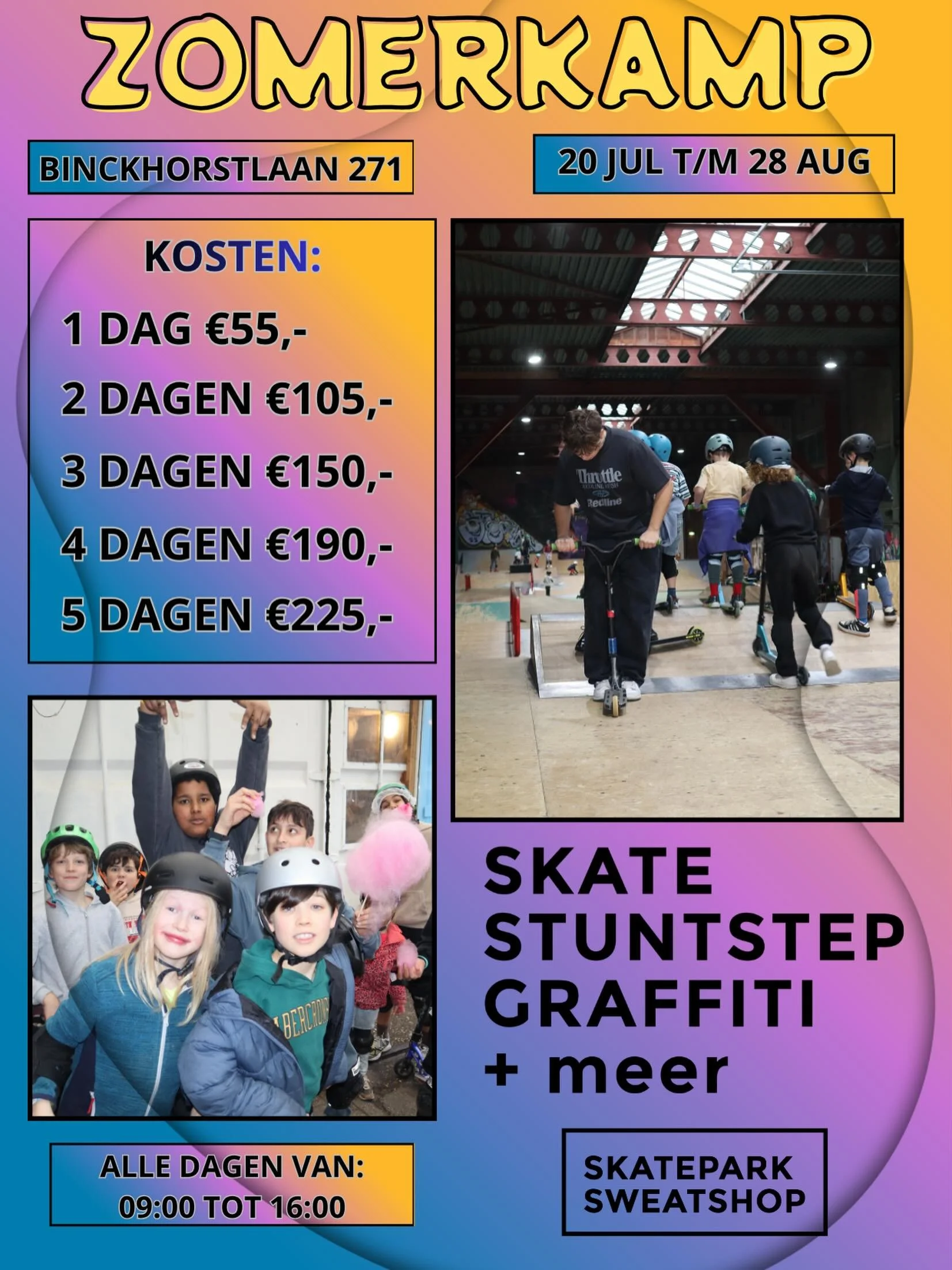 Het zomerkamp van Skatepark Sweatshop komt eraan! ☀️🛹
Tijdens de zomervakantie staat alles in het teken van skaten, steppen, graffiti spuiten, spelletjes en vooral veel plezier maken. Het kamp is voor kinderen van 5 t/m 12 jaar en vindt plaats van 2