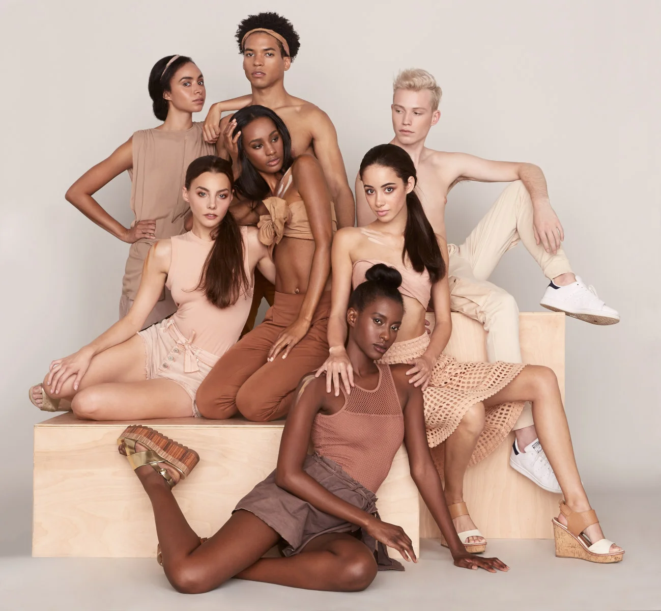 Ombre of nudes. Seven fashion models, two male and five female all with Ursula Wiedmann models, an agency with a focus on diversity in their roster. Skin tones range from ebony to ivory, story celebrates the wide range in colors when it comes to nude. Models are artfully piled together. Photographed in studio in Atlanta. Team credits: Wardrobe: Kathryn Switzer Hair and Makeup: Brielle Brenner Post production by Renée Aylworth and Leah Perry Photography