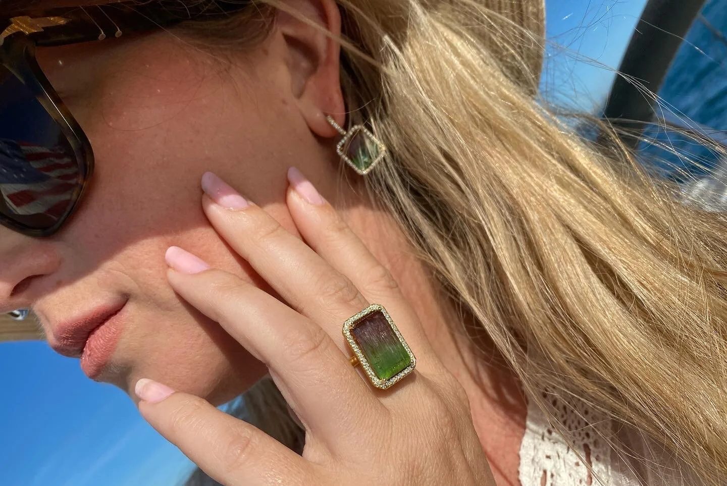 Watermelon Diamond ring and earring selfie.JPG