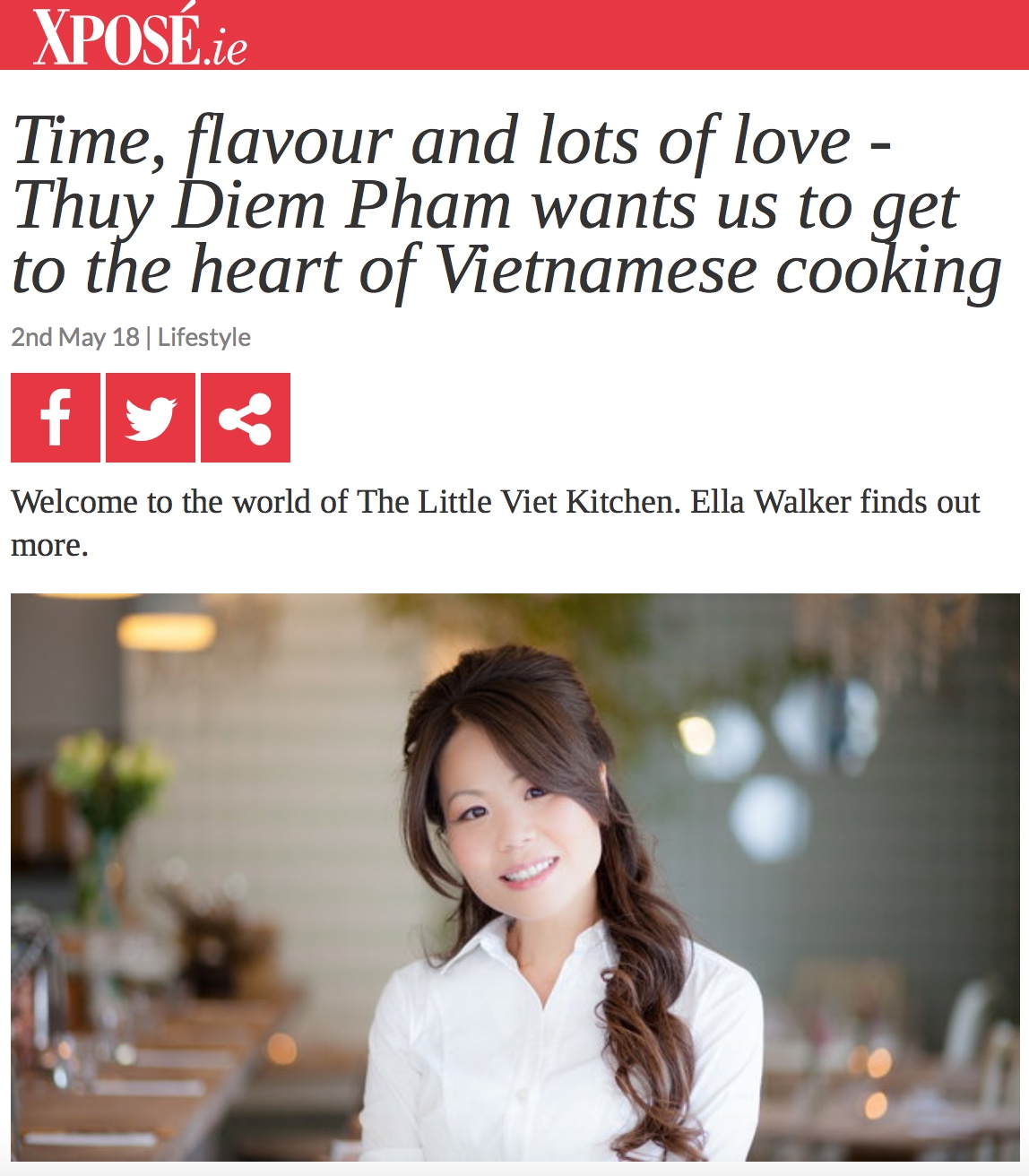 Thuy Pham Kelly discusses LVK, Vietnam, food and more with Expose. https://www.tv3.ie/xpose/article/lifestyle/266653/Time-flavour-and-lots-of-love--Thuy-Diem-Pham-wants-us-to-get-to-the-heart-of-Vietnamese-cooking