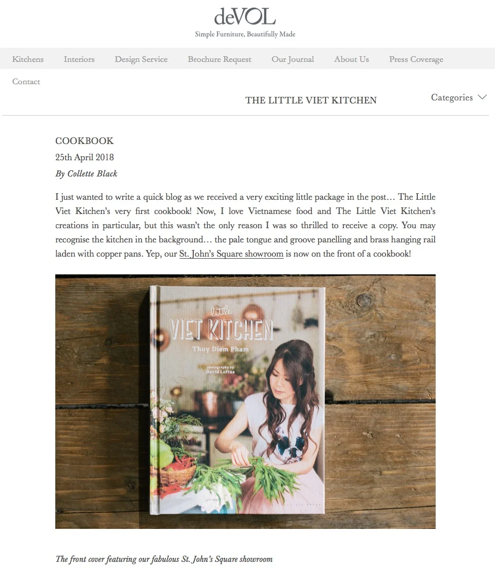 Our book cover and some photography for the book was shot locally at one of DeVol's gorgeous showrooms. Here Collette Black discusses DeVol's experience shooting our cover with us! https://www.devolkitchens.co.uk/blog/2018/04/25/the-little-viet-kitchen-cookbook/