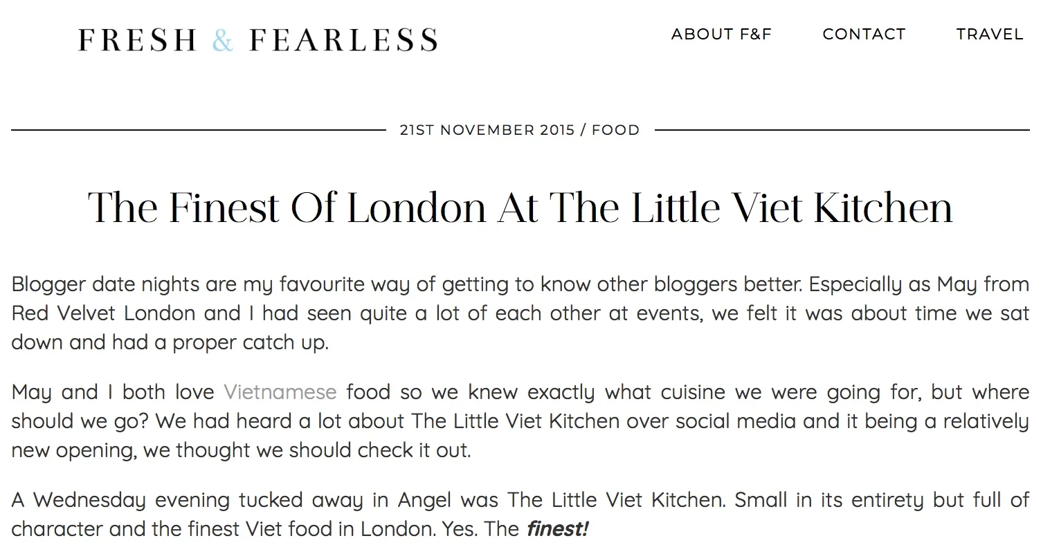 A wonderful and in depth review from Fresh & Fearless, thank you F&F! http://www.freshandfearless.co.uk/london-little-viet-kitchen/