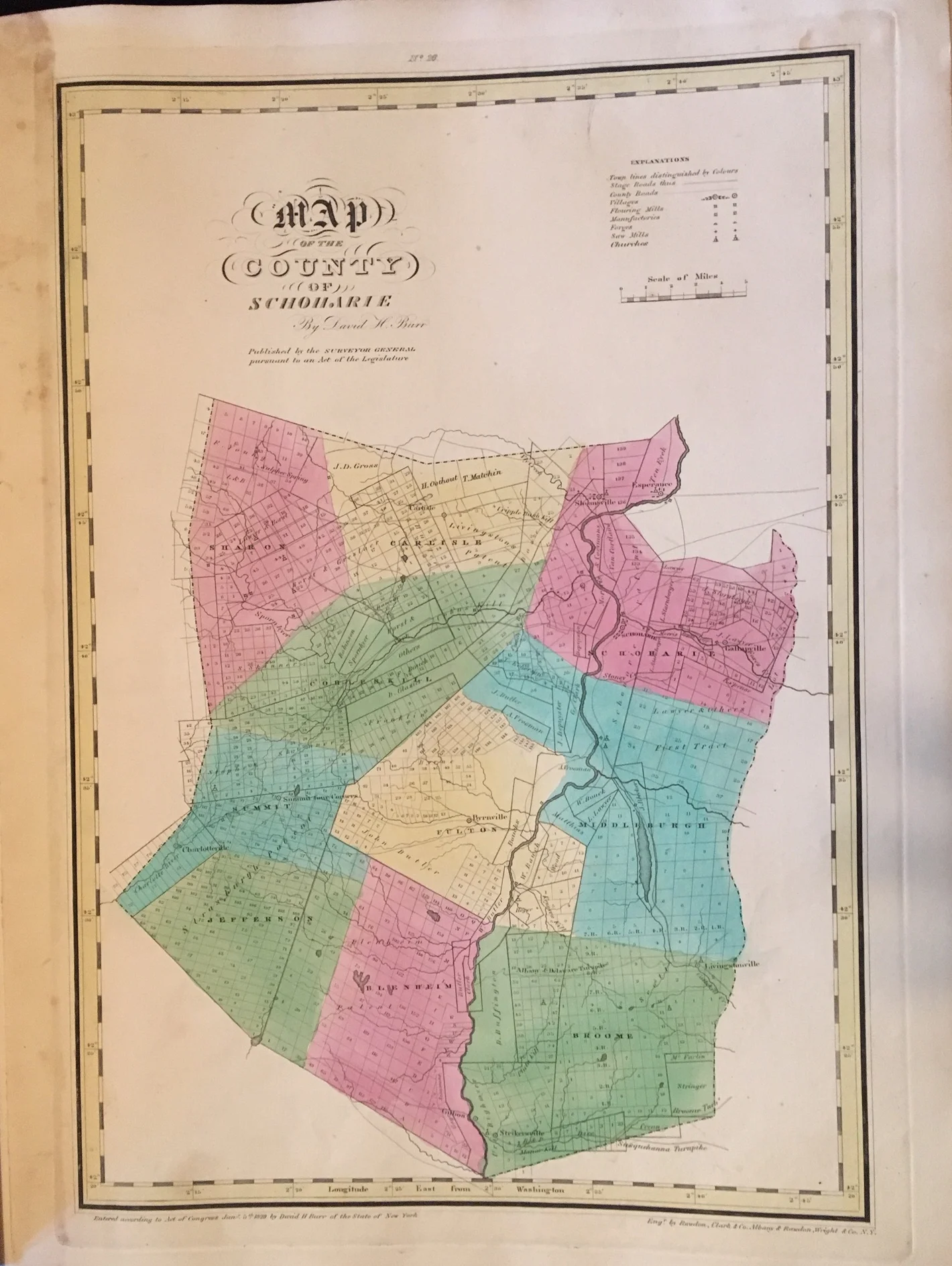 David S Burr New York State Atlas 1829 Schoharie County Antique Map