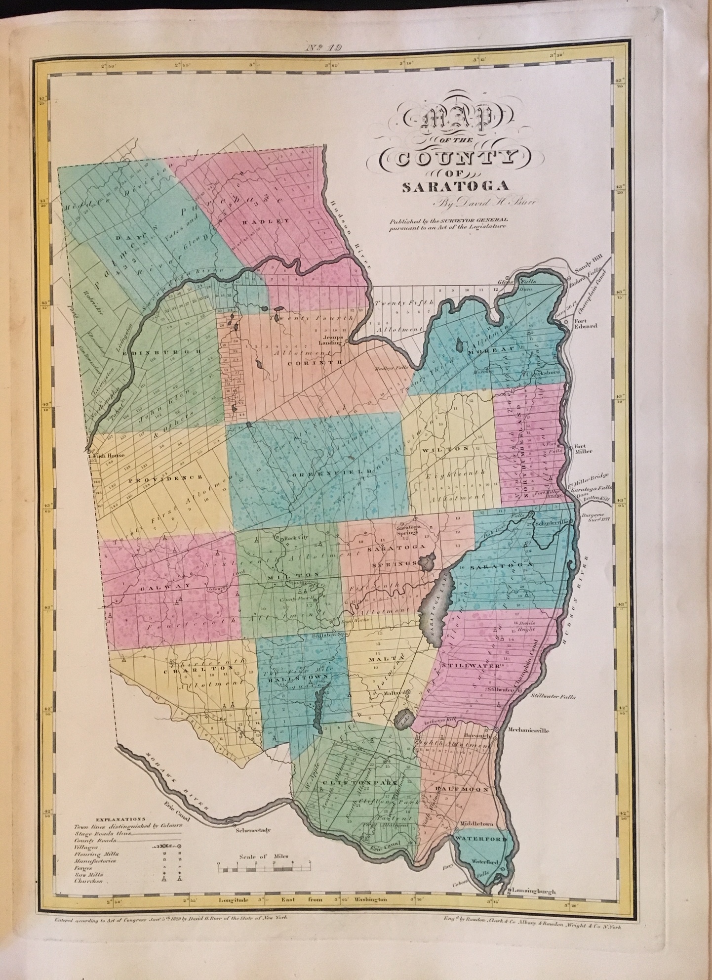 David Burr New York State Atlas 1829 Satatoga County Antique Map