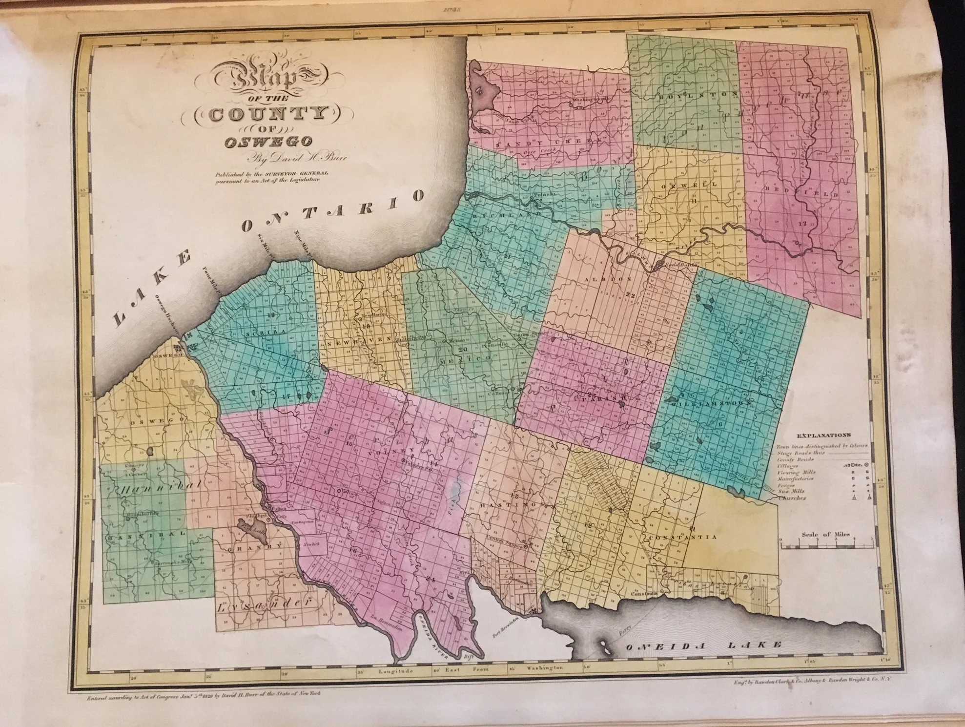 Davis Burr New York State Atlas 1829 Oswego County Antique Map