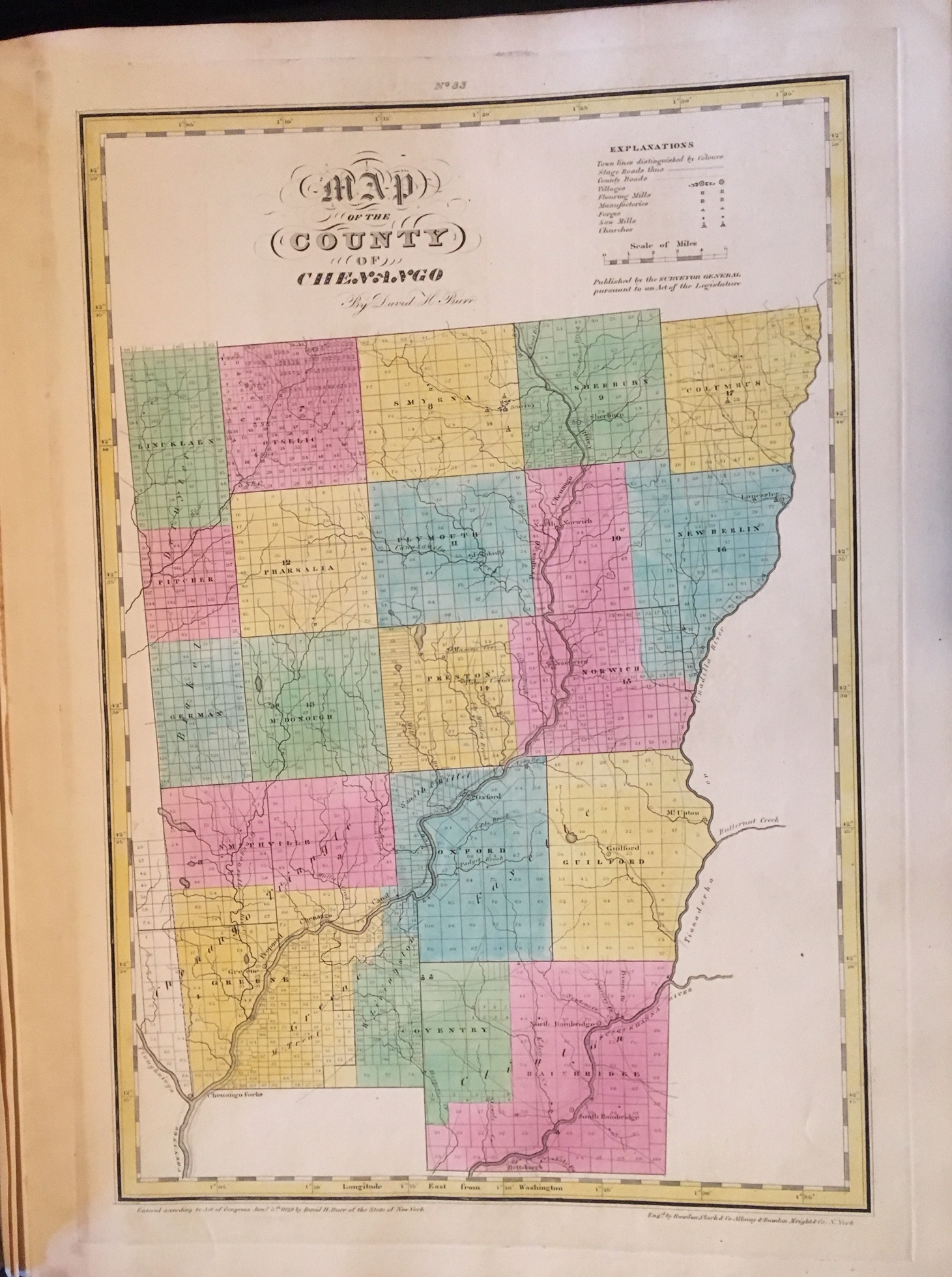Burr New York State Atlas 1829 Chenango County Antique Map Old