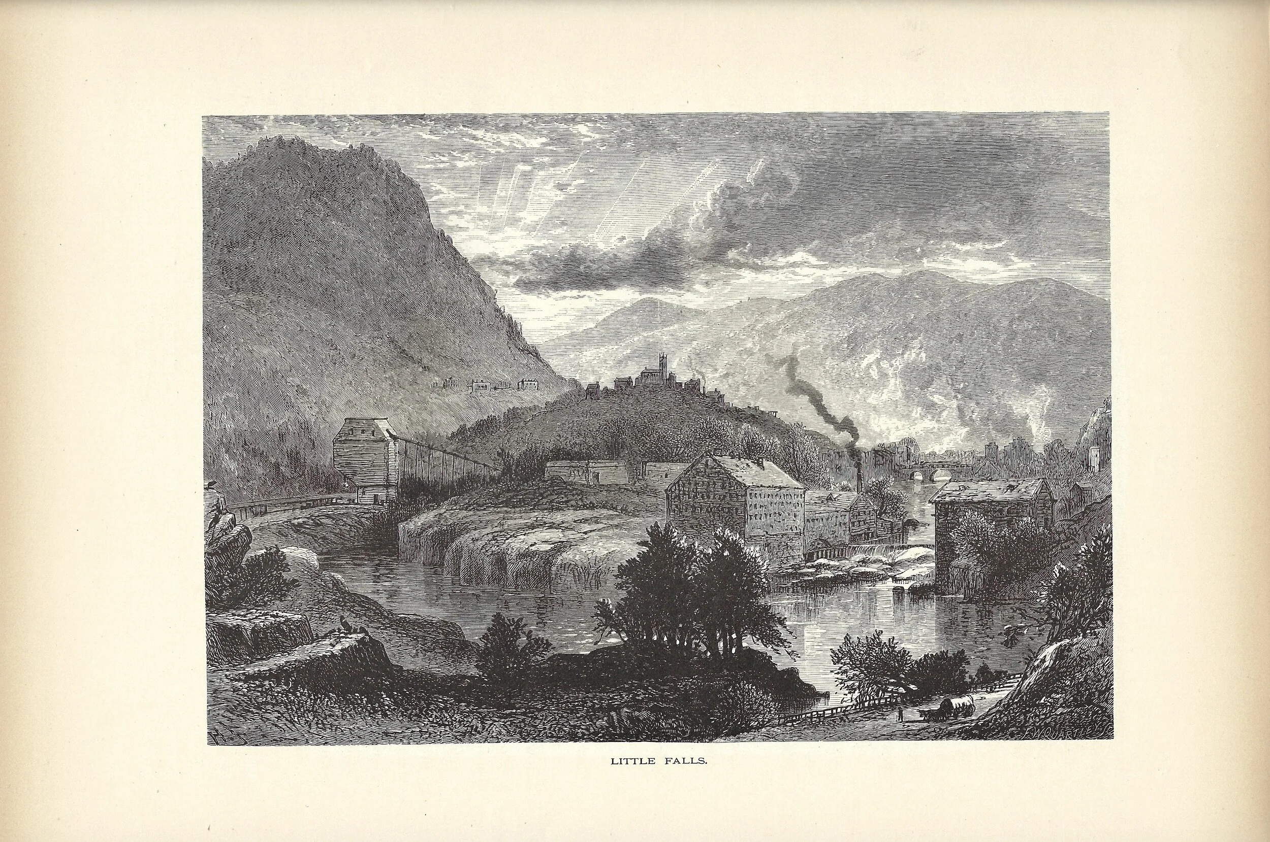 Little Falls on the Mohawk River near Herkimer  Picturesque America Wood Engraving
